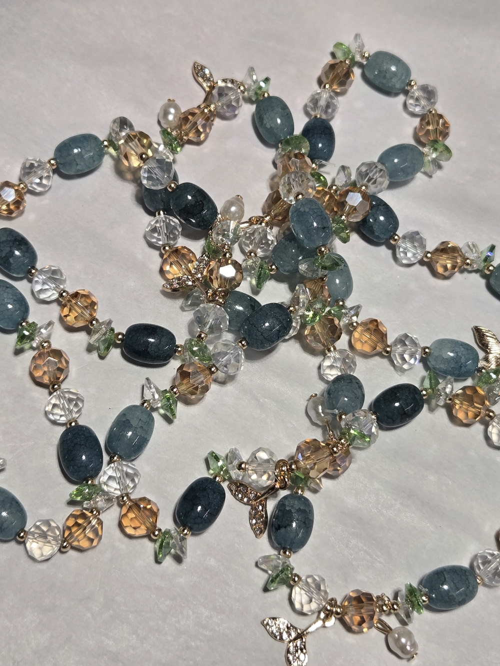 10mm- Blue Beaded Women's Bracelet with Gold and Green Accents- For 1